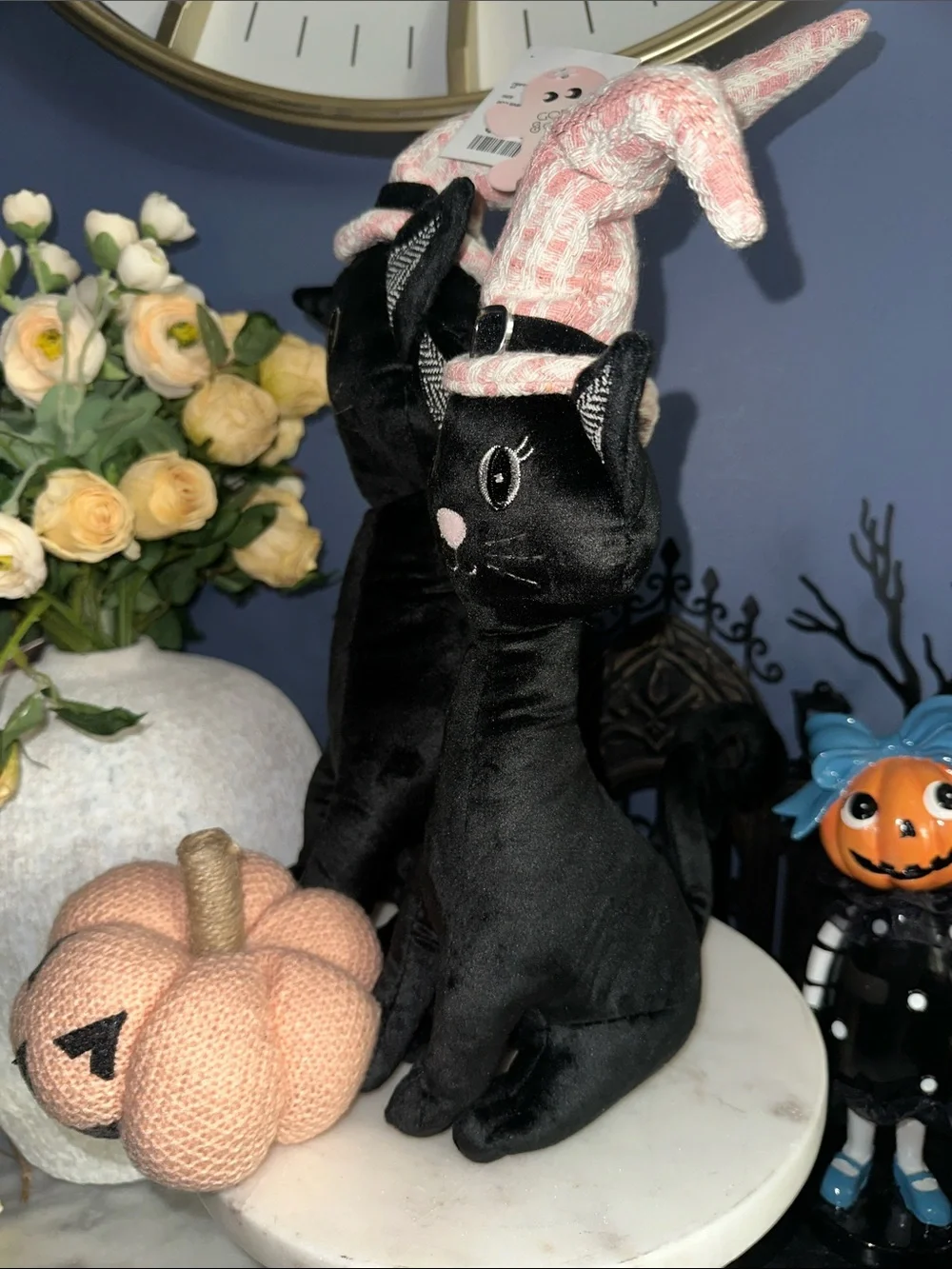 Holiday Black Cat Plush Duo with Pink Witch Hats - Cozy Décor